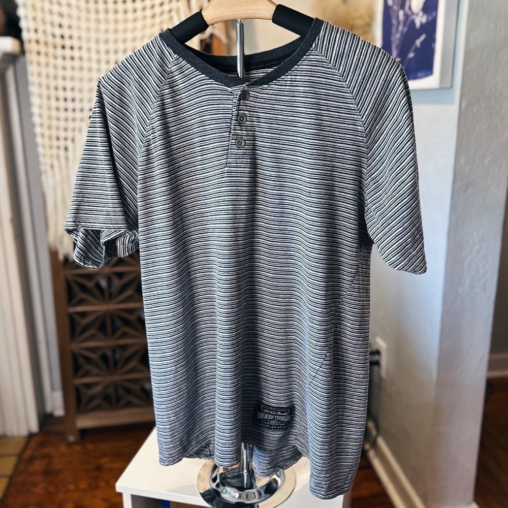 Broken Threads Grey Striped Quarter Button Scoop Neck T-Shirt